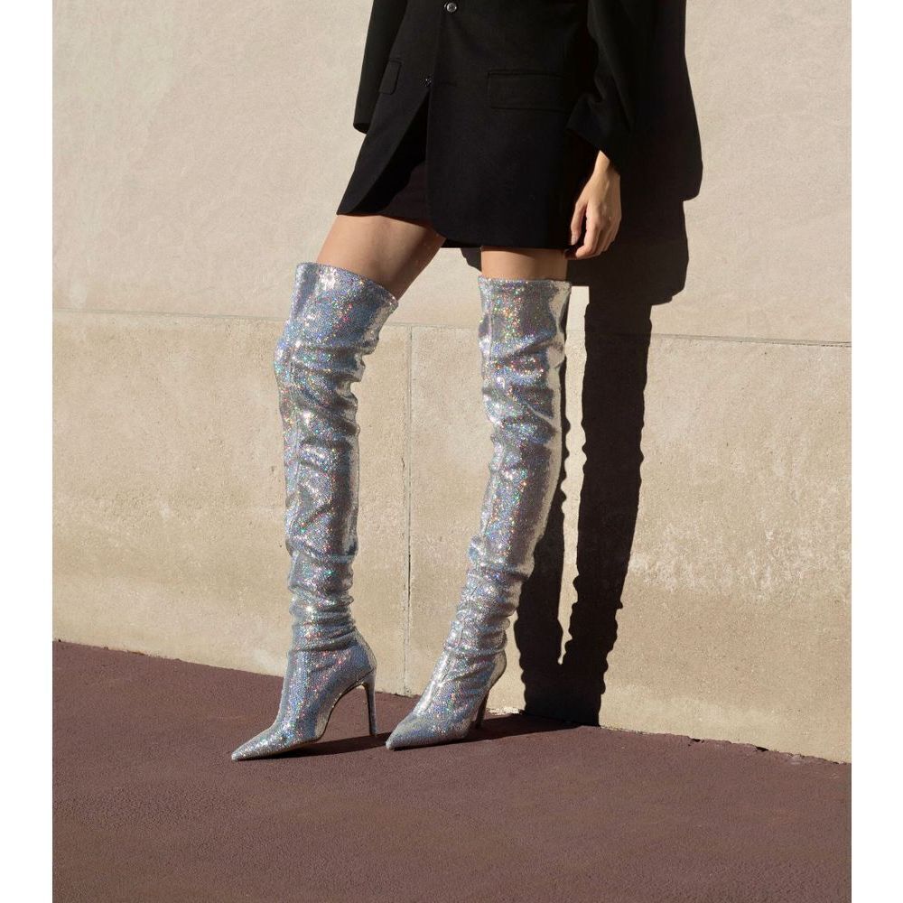 Stuart Weitzman Womens Ultrastuart Xcurve Over The Knee Boots Silver Sz 7